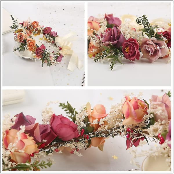 Justerbar blomstertiara hårkrans bröllop festlig festlig corolla (beige 2) (3-h)（röd）