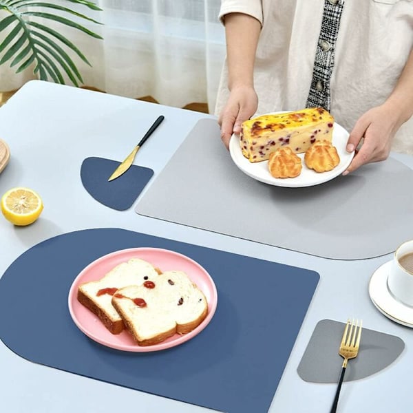 Set med 4 nordiska enkla läder värmebeständiga isolerade placemats med 2 placemats och 2 underlägg för köksbänk, matbord (blå, grå)