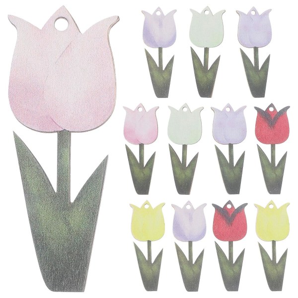 12-pakning påsketre tulipan hengende dekorasjon utendørs tre hengende tulipan treskiver (10X3,8 cm, som vist på bildet)