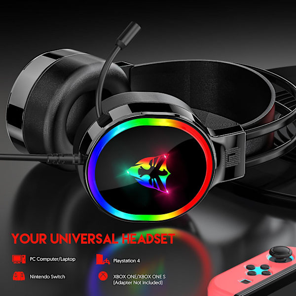 Gamingheadset med mikrofon, de flesta bärbara datorer, over-ear-hörlurar med LED RGB-ljus, brusreducerande mikrofon, 7.1 stereoljud FAN0482（Svart）