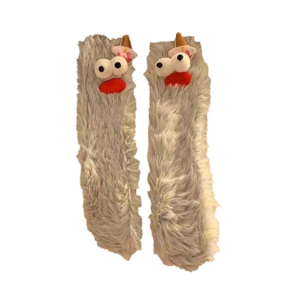 Splinternye kvinder og piger Coral Velvet Quirky Sokker, Varme Hyggelige Fluffy Cartoon Monster Sokker（Grå）