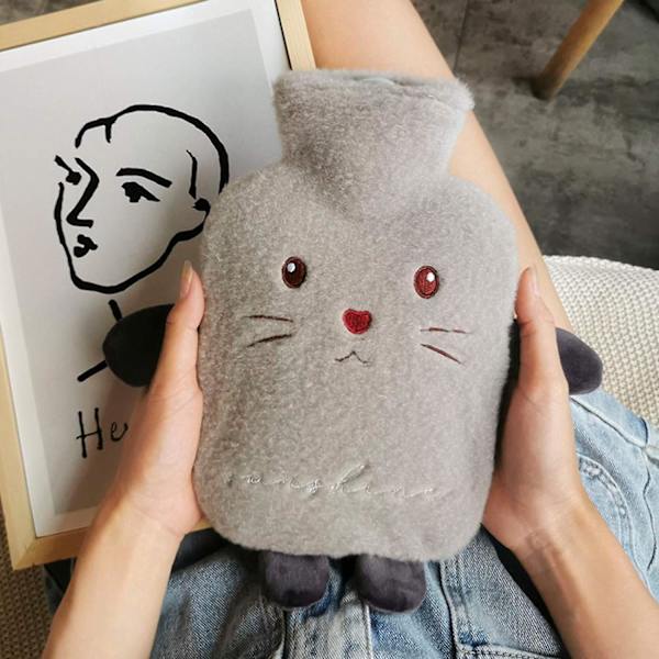 Varmtvannsflaske, varmtvannsflaske komfortabel fluffy myk plysj søtt mønster egnet for rygg, ben, 1 stk, 1000 ml, 26x15 cm, grå