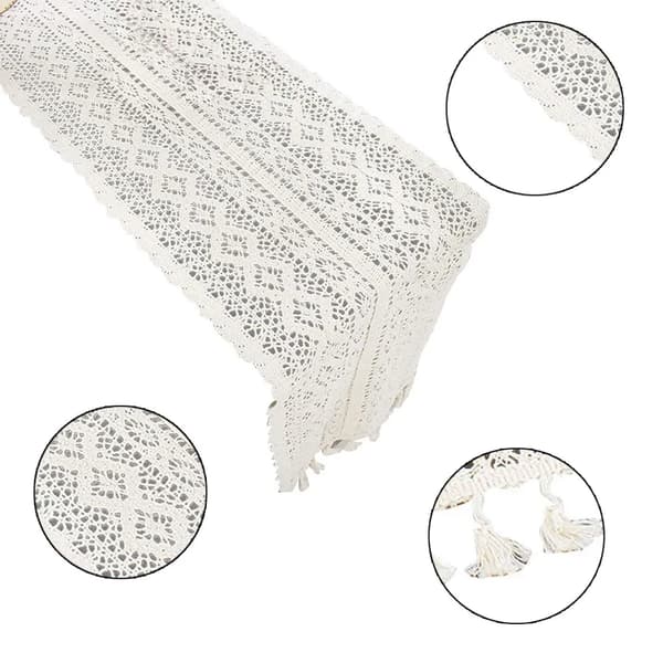 Beige Boho bordslöpare med tofsar - Rustikt bröllop, bondgårds bordsdekoration