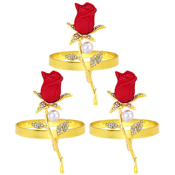 3-pakning roseblomster serviettringer i legering, serviettringer til festbord (6,20X2,50X2,50CM, som vist på bildet)