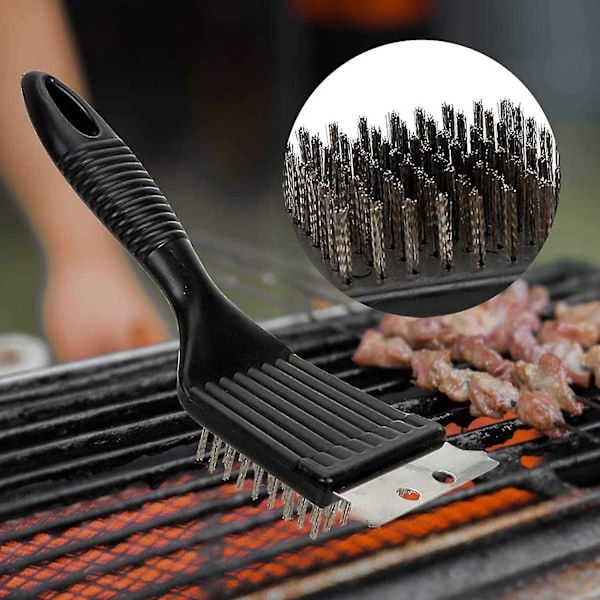 Grillbørste, 4 stk. Grillbørste til rengøring af grill med sort spartel i rustfrit stål