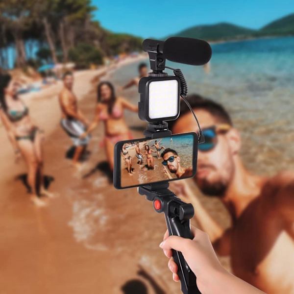 Telefonhållare för videoinspelning med mikrofon/LED-ljus/dubbelanvändningsstativ/adapterkablar/fångstfjärrkontroll