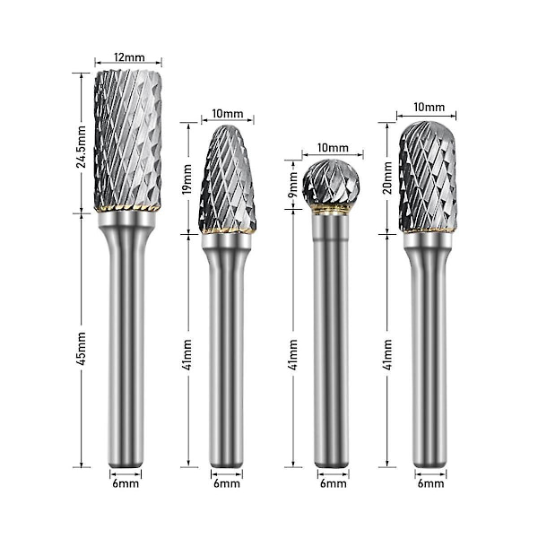 8-delad hårdmetallfrässats 1/4 tum diameter dubbelskuren slipning polering snidverktyg för matrisslip