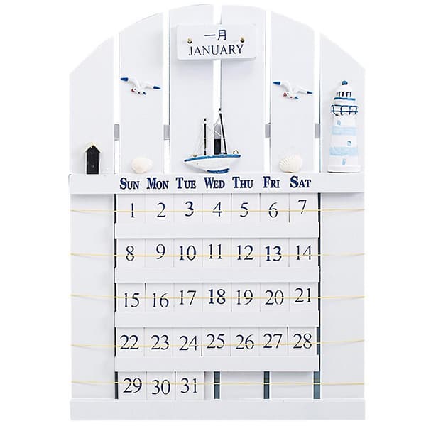 1 st Medelhavsstil kalender trä hem evighetskalender väggkalender (43X30CM, vit)