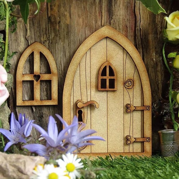 1 sæt mini gnome dør dekoration møbler scene rekvisitter kunstigt træ mini stige hegn fe dør til dukkehus-B