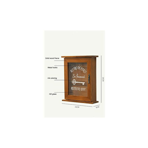 Tränyckelbox, retro väggmonterad nyckelskåp med magnetisk dörr, miljövänlig hållbar förvaring av massivt trä med 6 krokar, kreativ heminredningshållare