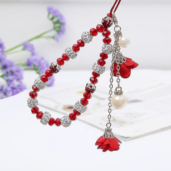 Mobiltelefonssnöre kreativt gipsblommarmband armband kristallhängande halsmobiltelefonfodralhänge blommahänge 1 st. (röd)