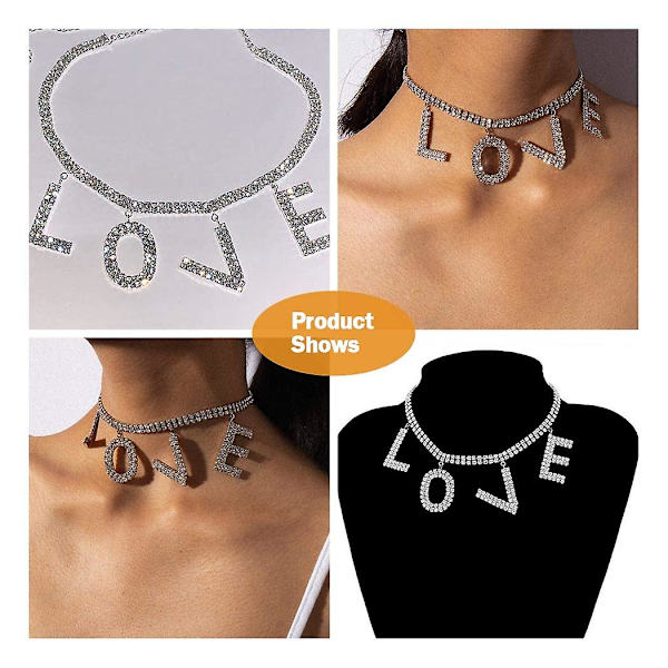 Enkel krystall choker halskjede sølv kjærlighetsbrev anheng halskjeder kjede glitrende rhinestone smykker for kvinner og jenter