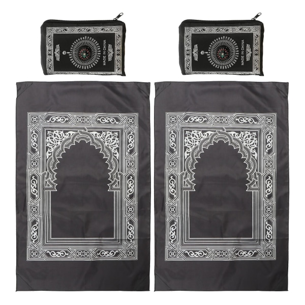2-pak islamisk muslimsk tæppe rejsebønemåtte med kompas og bærbar opbevaringstaske (100 x 60 cm, sort)