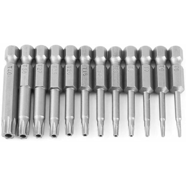 12 st 1/4 TUMS Hexskaft T5-T40 Torx-huvud Skruvmejsel Set Tamper Proof Säkerhet 6 Punkts Stjärnskruvmejsel Verktyg