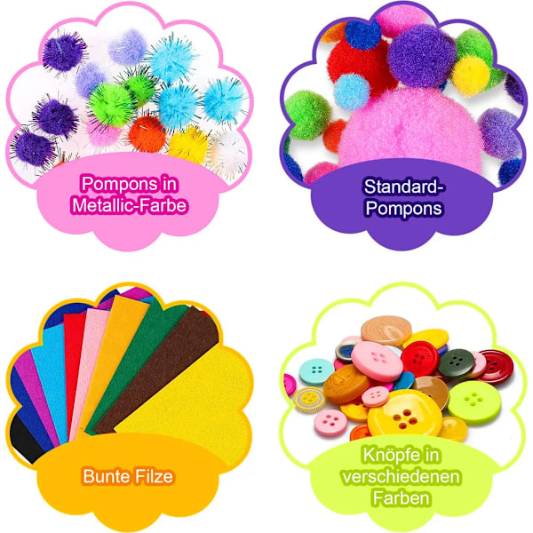 Premium pysselset: Material för pyssel, inkluderar skum, färgat papper, pärlor, pompoms, rullögon. För barn från 5 år och uppåt.