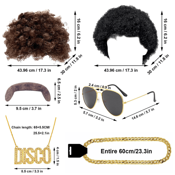 70'er Disco kostume sæt med paryk, solbriller, halskæde og overskæg til fester（A）