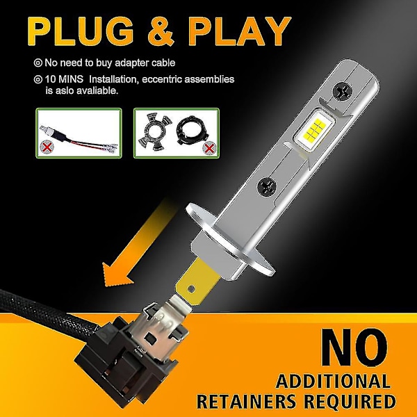 2 st LED-lampor H1 LED-strålkastare Mini-storlek Design Trådlös Fläktlös För Bil LED-lampa Csp-chips 13000lm Vit（H1(12V)，3000K Guldgul）