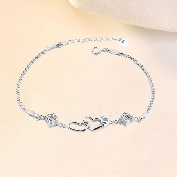 S925 Sterling Sølv Dobbelt Hjerte Interlocking Armbånd Kvinders Mode
