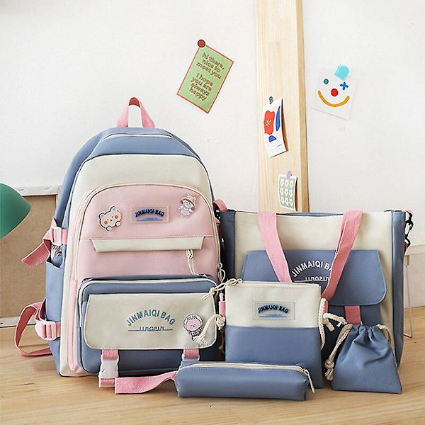 5-delad uppsättning barnens skolryggsäck kawaii kvinnors ryggsäck bok väska laptop väska för tonåringar flickor mochilas 2023 studenter totes sac（C-blå-5pc）