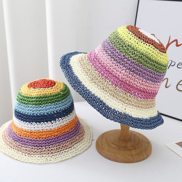 Hatt, hopfällbar bredbrättad färgglad virkad stråhatt, solhatt hopfällbar UV-beständig sommarhatt utomhus solhatt, mors dag-present (Khaki)