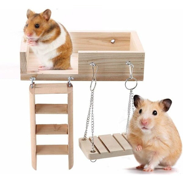 3 st Hamsterplattform Stege Set, Träleksaker för Smådjur