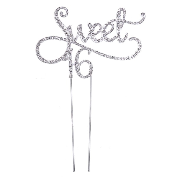 Monogrammi Sweet 16 -kakunpäällinen 16-vuotisjuhlakristallisella tekojalokivellä koristeltu kakunpäällinen, joka sopii makeisiin 16 juhlien teemakoristelutarvikkeisiin (hopea)