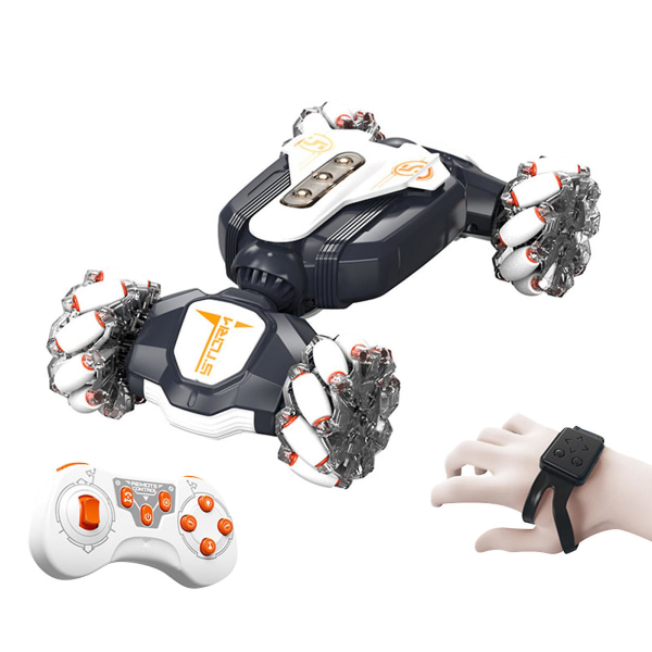 Gest RC-bil, 2,4 GHz 4WD geststyrning RC stuntbil leksaker, dubbelsidig 360 rullning（Vit）