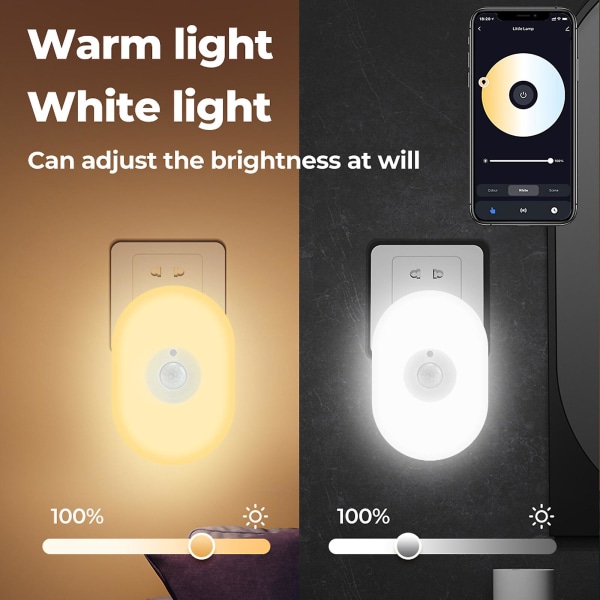 2023 Ny opgraderet Smart Motion Sensor Night Light Plug In med WiFi, kan dæmpes til køkken, badeværelse, entre og soveværelse（3，hvid）