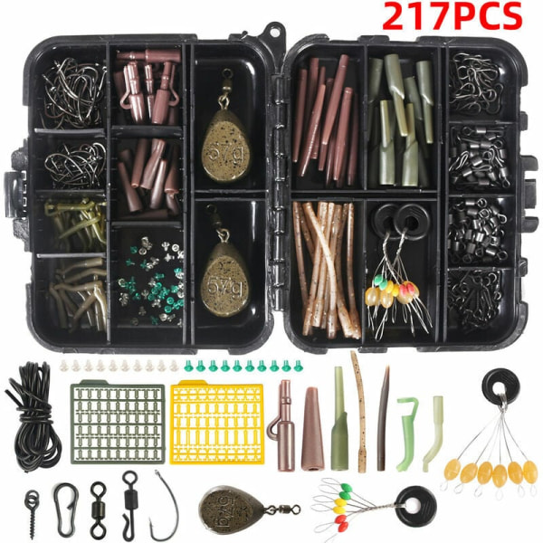 Fisketillbehör Kit, Krokar, Flöten, Fiske Swivels, Karabiner, Blyglid, Fiske Set med Tackle Box av Golden Salmon Carp - 217pcs