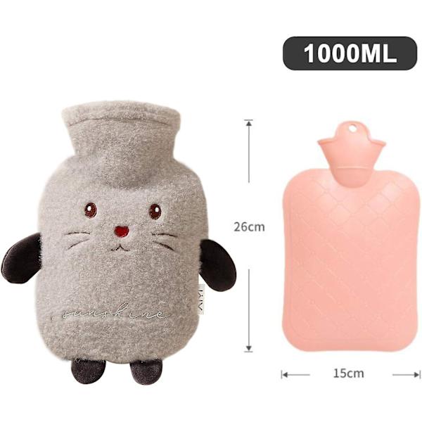 Varmtvannsflaske, varmtvannsflaske komfortabel fluffy myk plysj søtt mønster egnet for rygg, ben, 1 stk, 1000 ml, 26x15 cm, grå