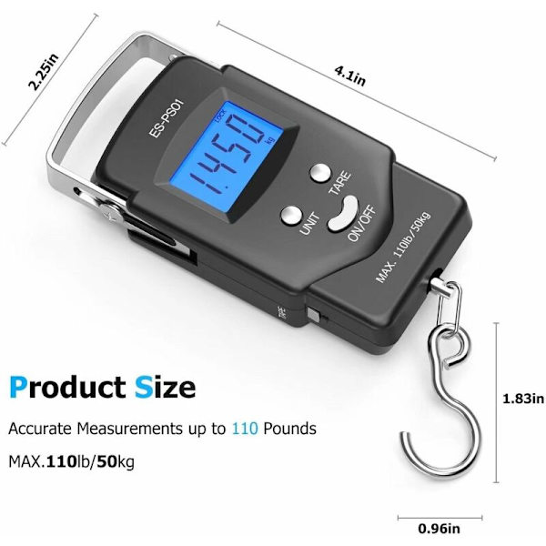 PS01 Bagagevåg 110lb/50kg Elektronisk balans Digital fiskepaket Postkrokvåg med måttband, 2 AAA-batterier ingår