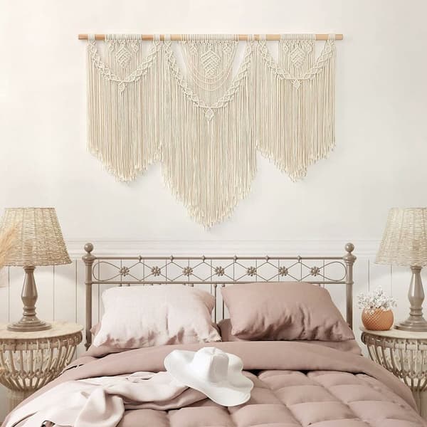 Macrame Väggbonad Stor Boho Chic Vävda Gobeläng Blad Tassel Konst Bomullsrep Bohemisk Macrame Väggdekor för Sovrum Vardagsrum Lägenhet Bakgrund