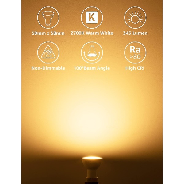 Gu10 LED-lampor, Varmvitt 3000k, 5w 345lm, 50w Halogen Spotpght Lampekvivalent, Energisparande Gu10 LED-lampor, 100 Bred Stråle, Icke-Dimbar, Pack