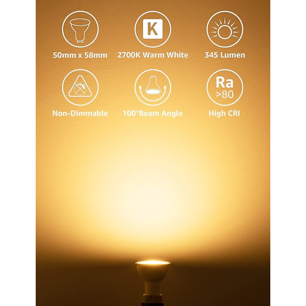 Gu10 LED-pærer, varmt hvitt 3000k, 5w 345lm, 50w halogenspotpære-ekvivalent, energisparende Gu10 LED-pære, 100 bred stråle, ikke-dimbar, pakke