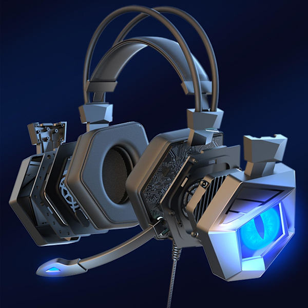 Omkring-örat bas spelheadset surroundljud hörlurar med brusreducerande mikrofon med lampor（Blå）