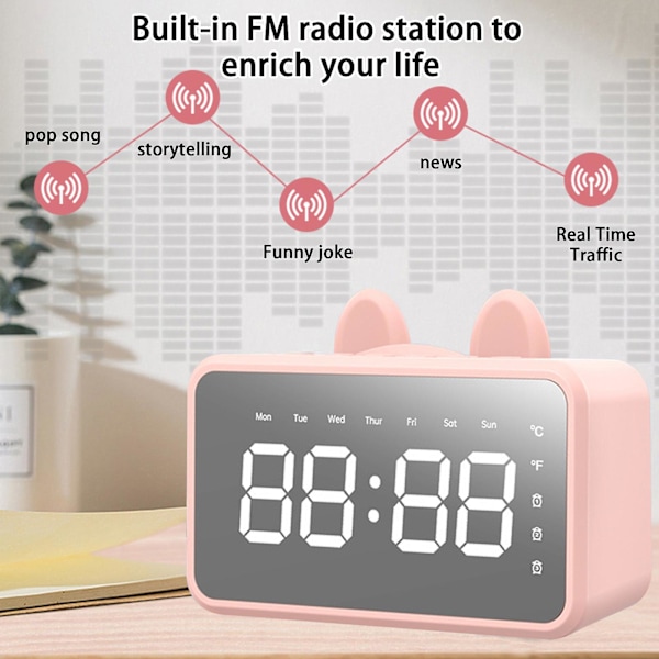 Bärbar högtalare med digital klocka Bluetooth-högtalare med USB-laddning Bluetooth V5.0 Även & AUX-kabel（Rosa）