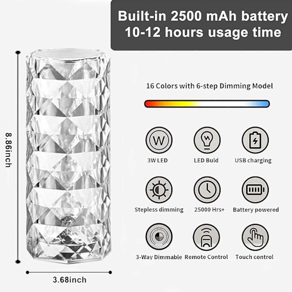 Krystall Diamant Bordlampe, 16 Farger Skiftende LED-lys