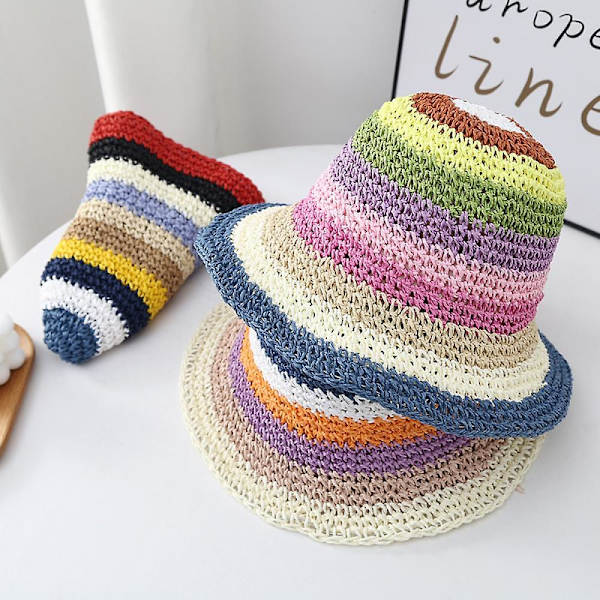 Hatt, hopfällbar bredbrättad färgglad virkad stråhatt, solhatt hopfällbar UV-beständig sommarhatt utomhus solhatt, mors dag-present (Khaki)