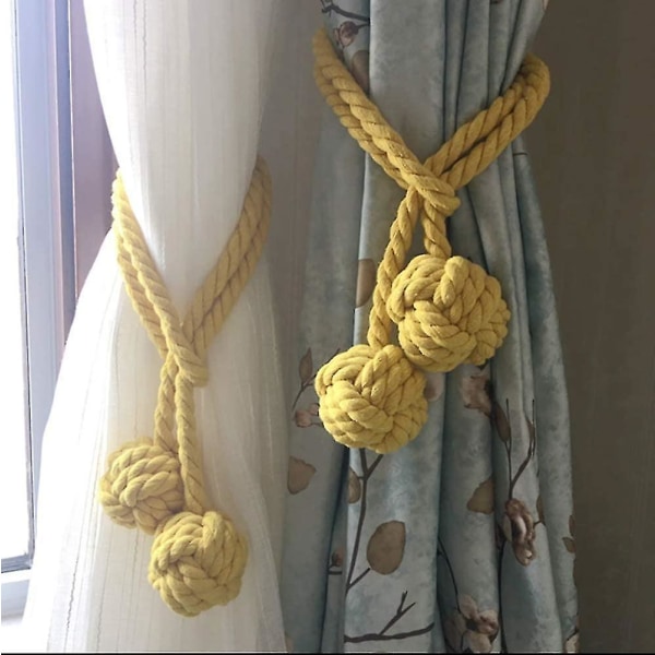 Ett par håndlagde gardinbindere, bundet gardinklemme kvast bomullstau, knyteball bakgardintilbehør (gul)
