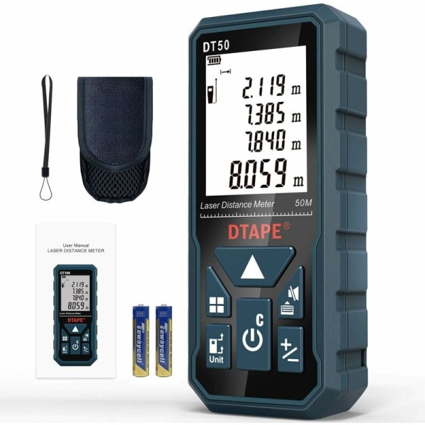 Digital laseravståndsmätare, DT50 50m digital lasermätare, längd/area/volym/Pythagoras sats mätning med LCD-bakgrundsbelysning, IP54