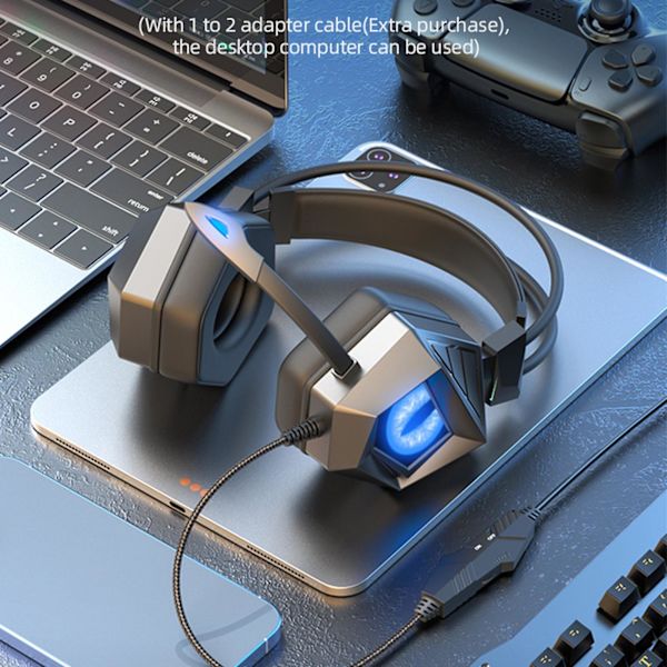 Omkring-örat bas spelheadset surroundljud hörlurar med brusreducerande mikrofon med lampor（Blå）