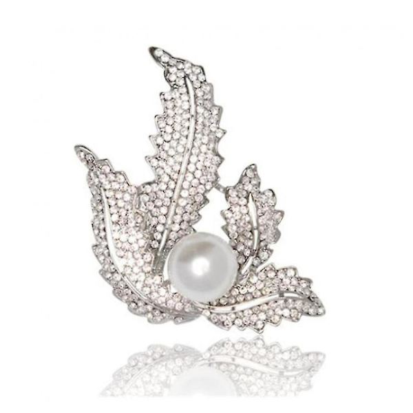 Tjeckisk diamantbrosch med pärlblad för kvinnors klädtillbehör kragepin. (silver)