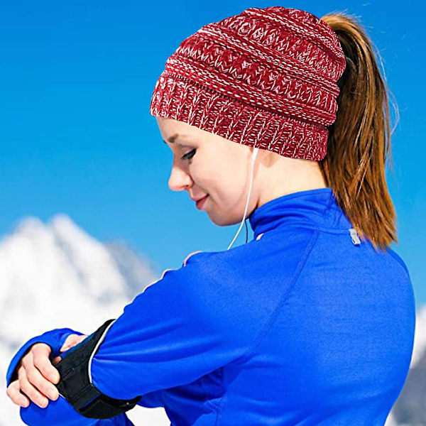 1 st Ponytail Messy Bun Tail Kvinnors Solid Ribbad Mössa Cap Tom Hat Stickad Ullmössa（röd）