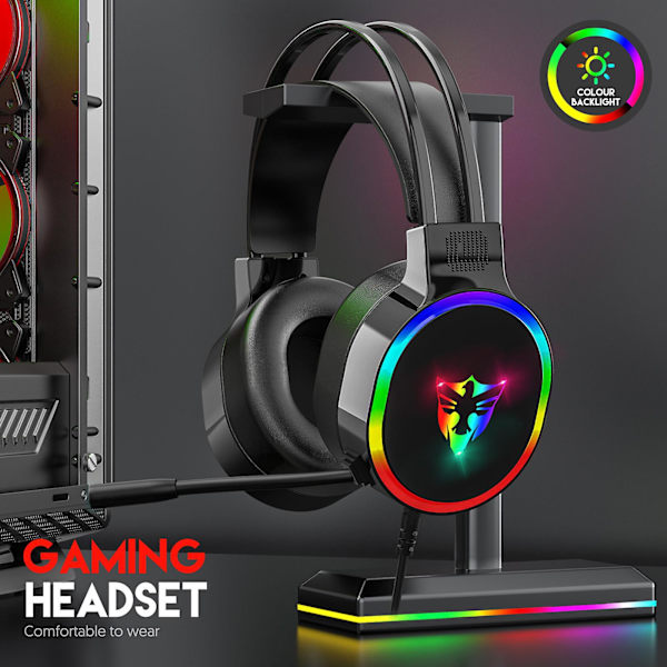 Gamingheadset med mikrofon, de flesta bärbara datorer, over-ear-hörlurar med LED RGB-ljus, brusreducerande mikrofon, 7.1 stereoljud FAN0482（Svart）