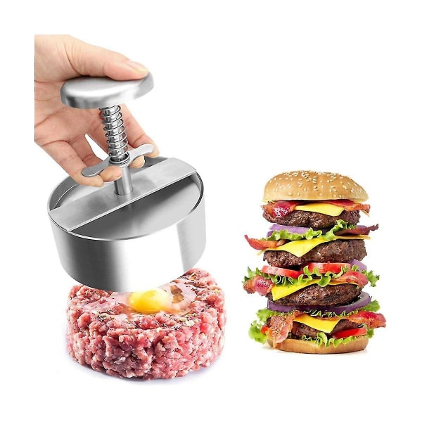 Hamburger Patty Maker Press 304 Rustfrit Stål Non-stick Rund Manuel Risbold Form Tykkelse Adj（Sølv）