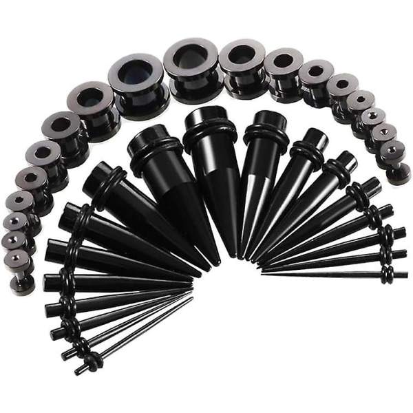 Sett med 36 strekk-ørepropper (svarte) metall 18 strekk-ørepropper + 18 hull i kjøtt, dobbel, rustfritt stål 1,6 mm - 10 mm