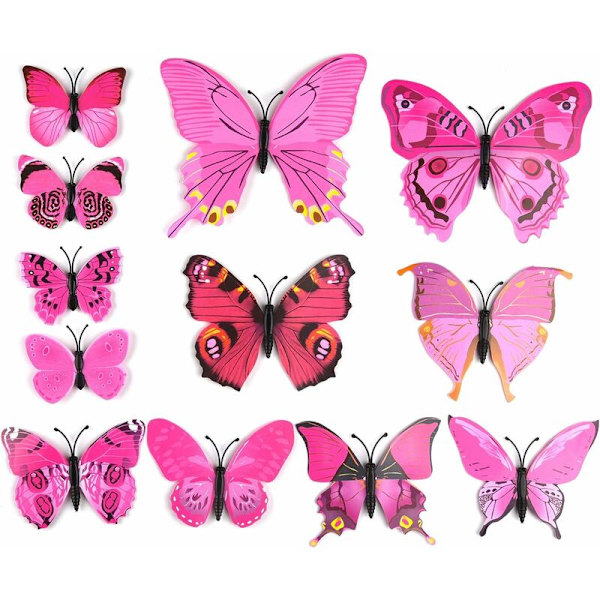 36 st 3D fjärilsväggdekaler väggfjärilar flickrum tillbehör, rosa