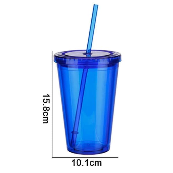 Blå dubbelväggig mugg med och sugrör, plastmuggar
