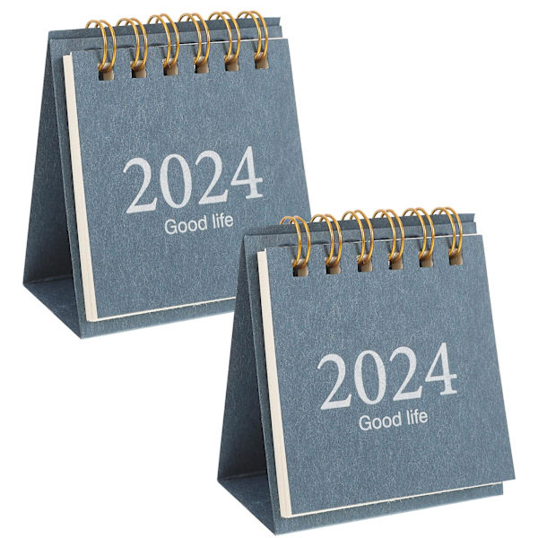 2 pakke mini skrivebords kalender 2024 år bord mini kalender dekorative spiral kalender skrivebords kalender (7.50X6.50X2.20CM, marineblå)