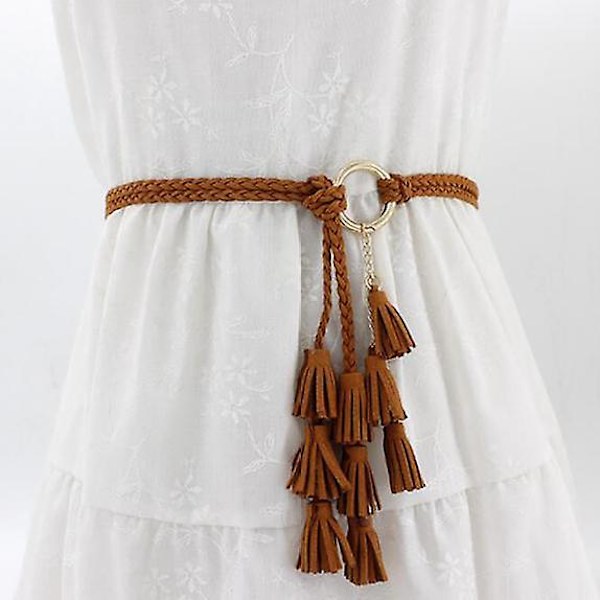 Fashion dam solid färg flätad tofs bälte boho flickor tunn midja rep stickade bälten för klänning midjeband accessoarer（En，Kamel）